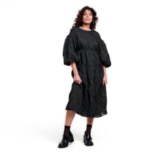 KIKA VARGAS Black Cocktails Dress Ballon Sleeves Floral Textured Fabric - Picture 1 of 5
